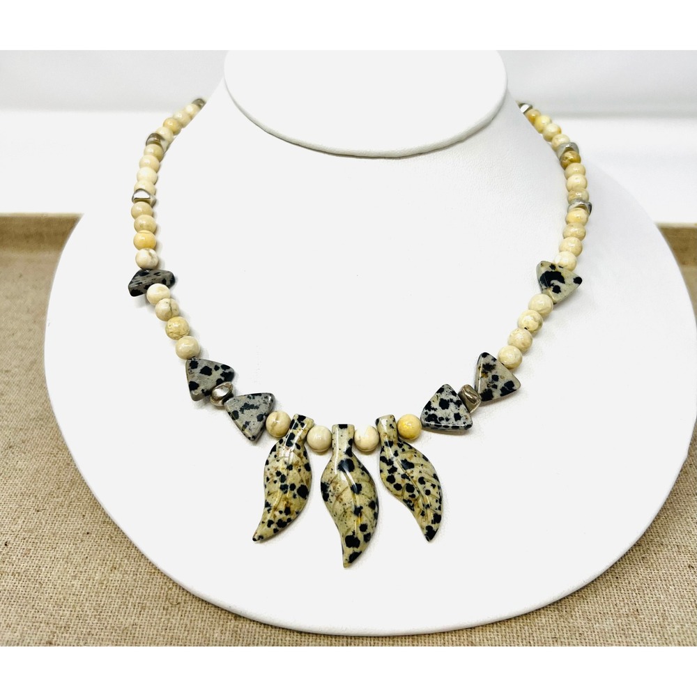 Dalmatian Jasper Stone Leaf Sterling Silver Clasp Pendant Necklace